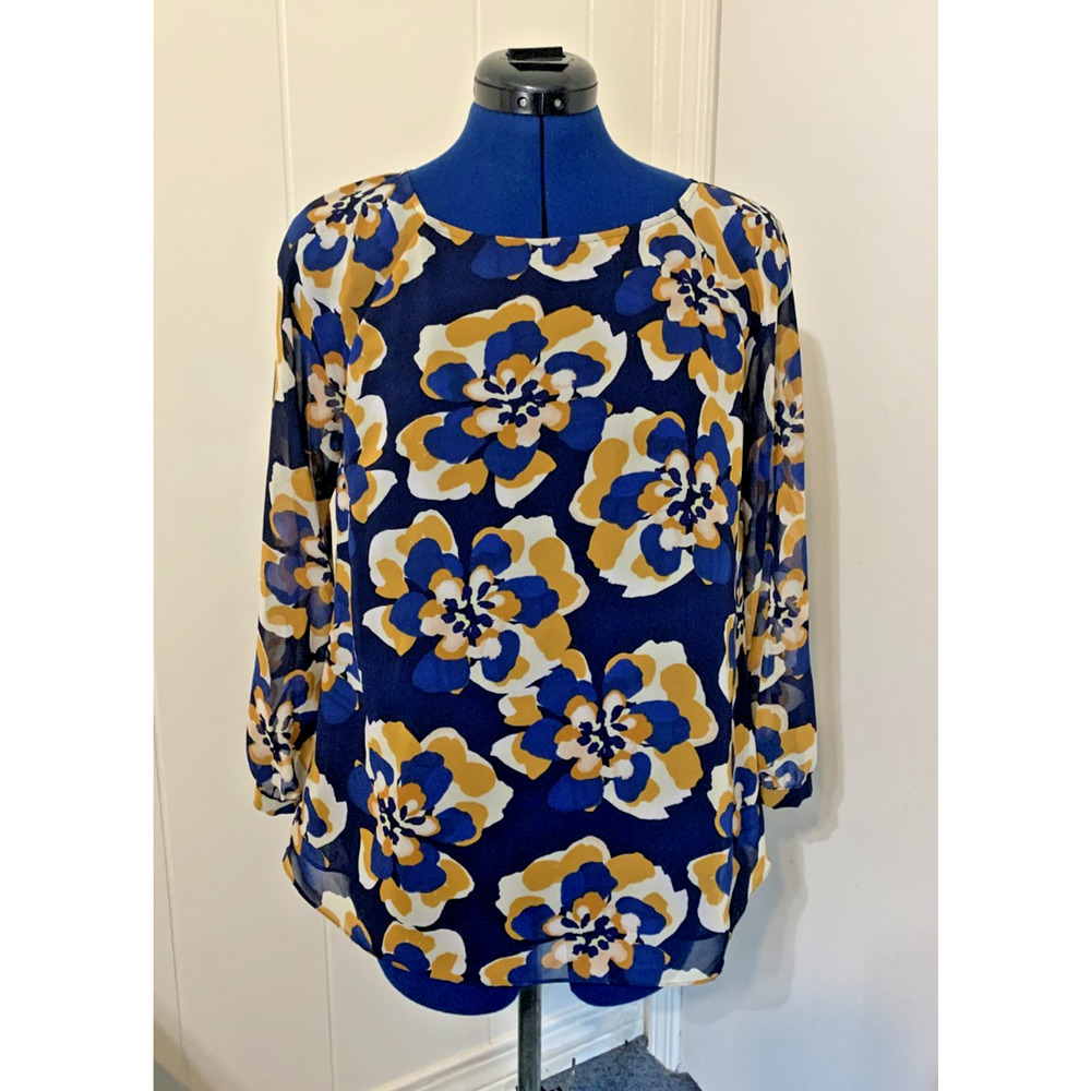 Cabi Lydia Sheer Chiffon 3/4 Sleeve Blouse Top Medium Blue Yellow Floral Office - Picture 2 of 12